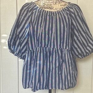 Old Navy Navy and White Striped Peplum Puff-Sleeve Top